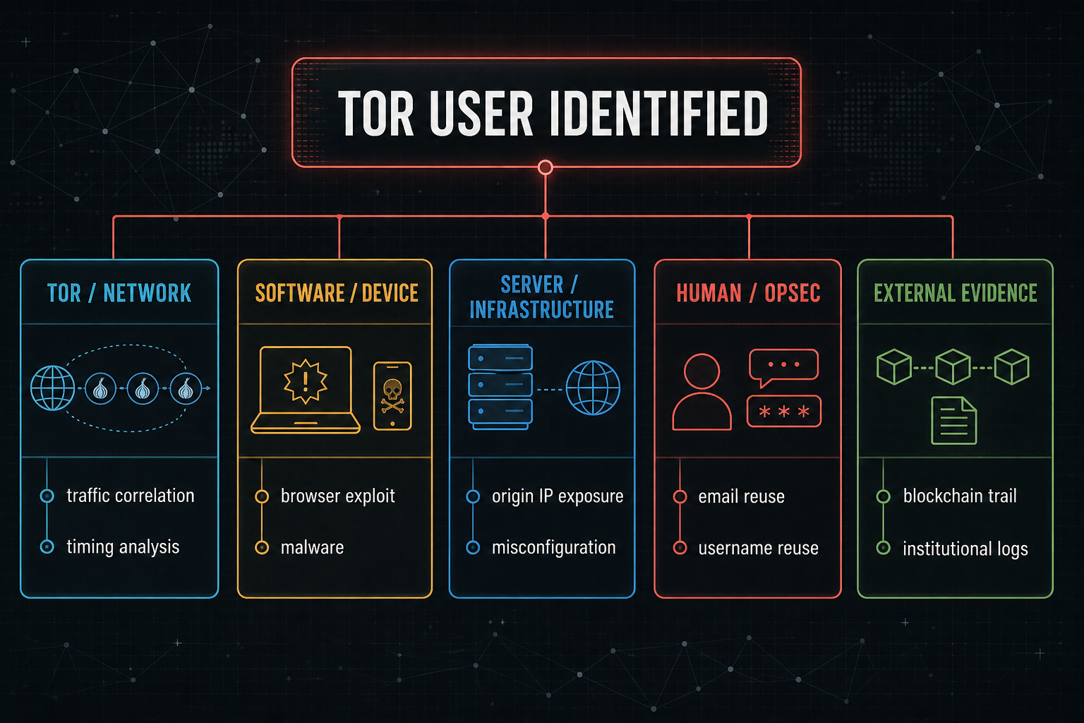 Diagram showing Tor user identified branching into Tor network, software device, server infrastructure, human OPSEC and external evidence layers